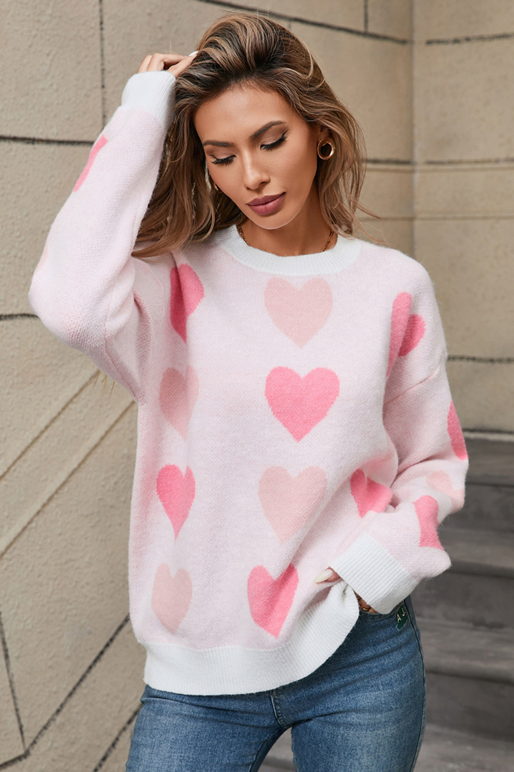 Pattern Hearts Long Sleeve Sweater